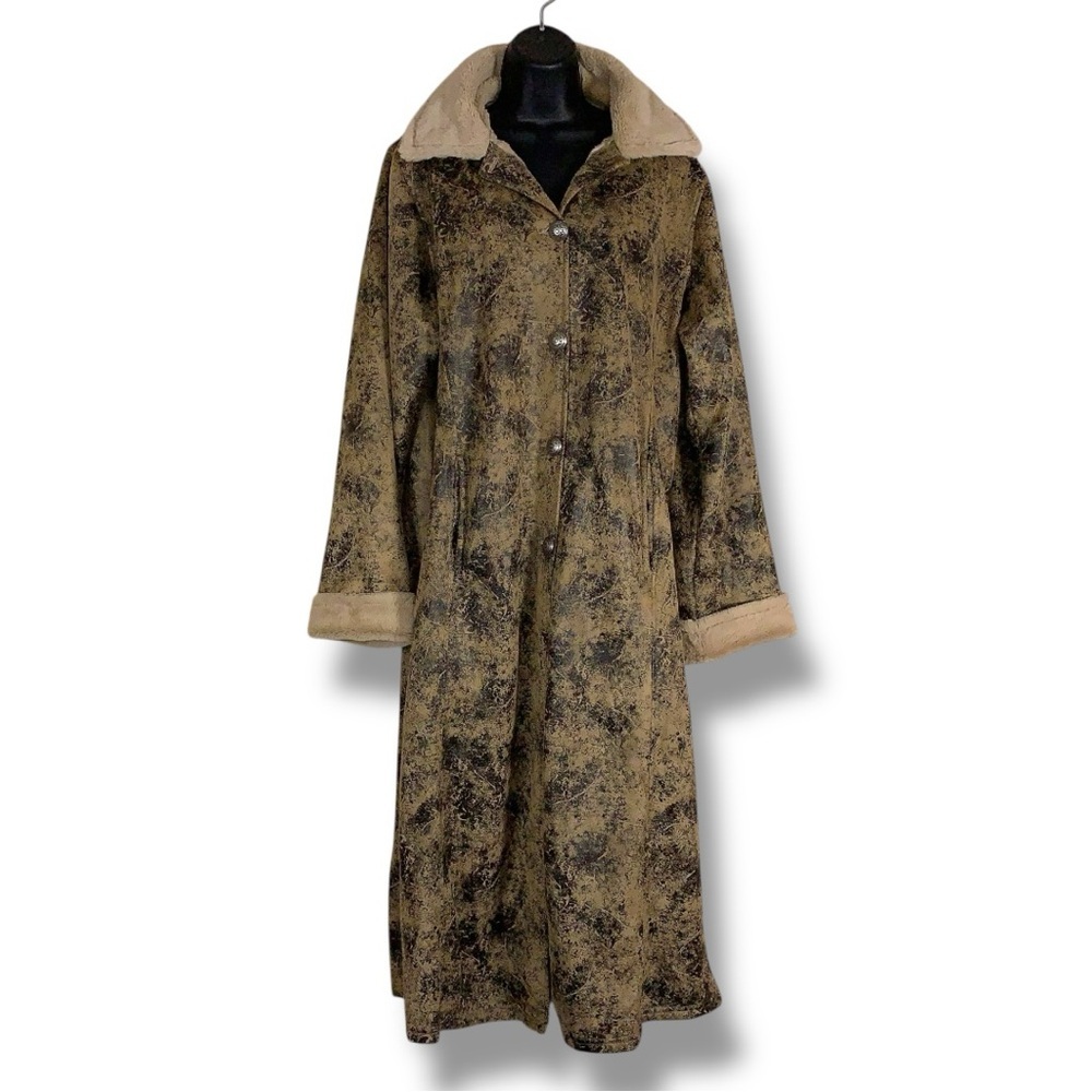 Vintage Rare Andrea Faye Long Coat Faux Leather Fur Trim Bohemian Western Beige